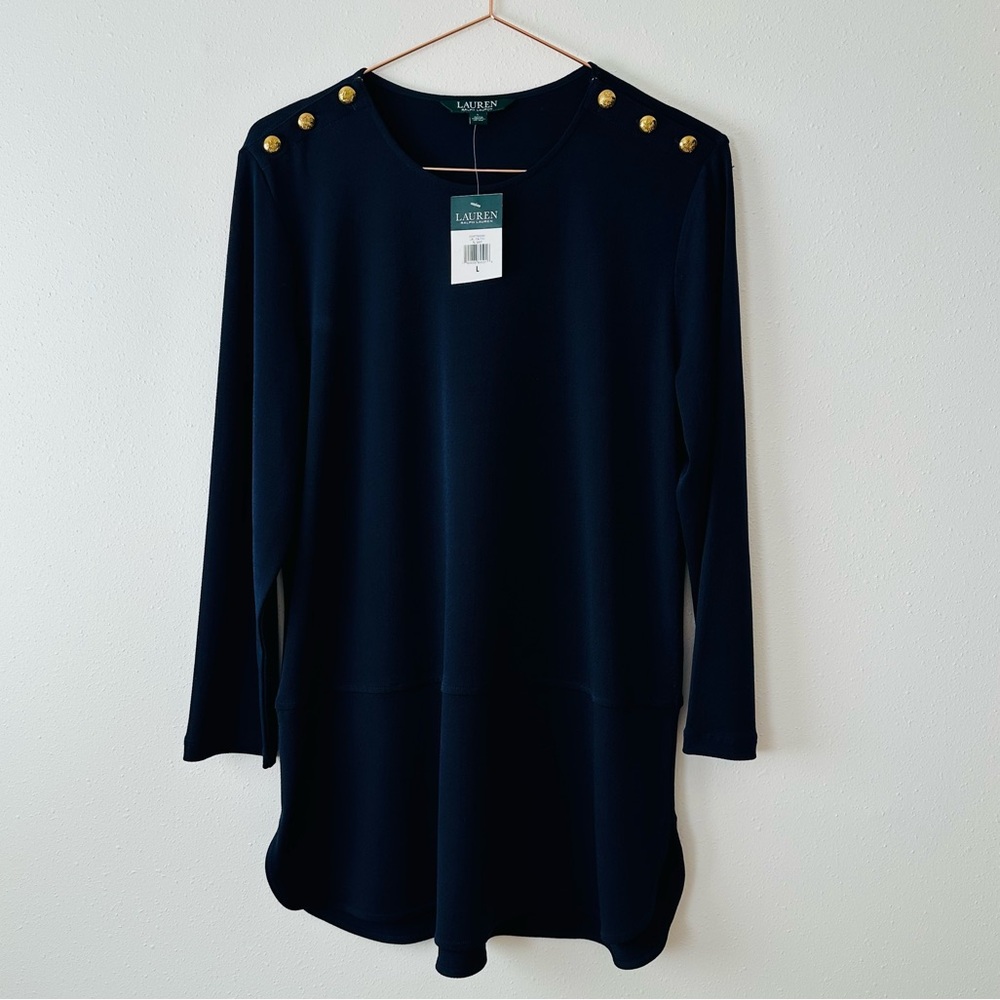 New Lauren Ralph Lauren Navy Blue Blouse Top with Gold Button Details - Picture 4 of 8